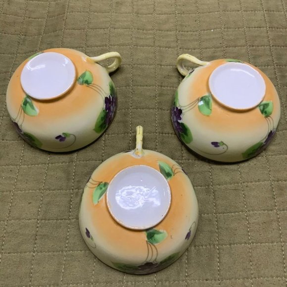 Set of 3 Tea Cups Yellow with Purple Flowers and Gold Rim - Picture 3 of 6